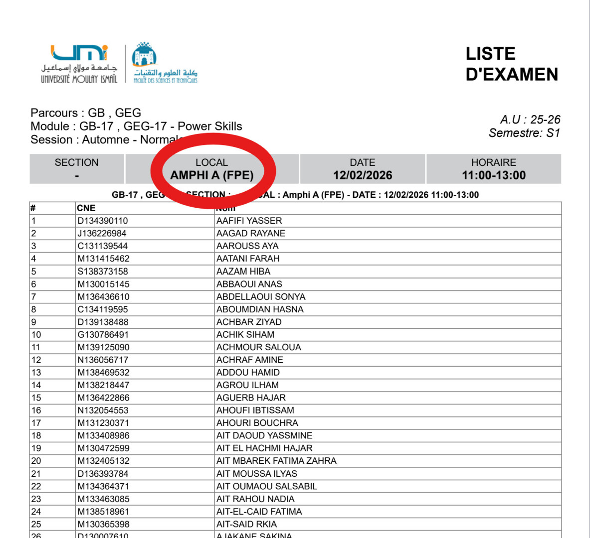 Planning et locaux des examens – 12 février 2026
