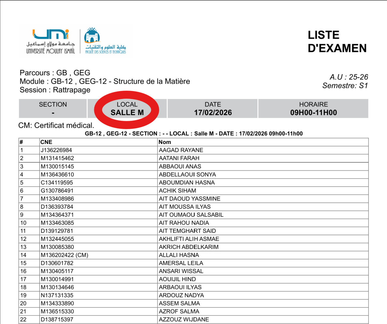 Planning et locaux des examens de rattrapage – 17 février 2026