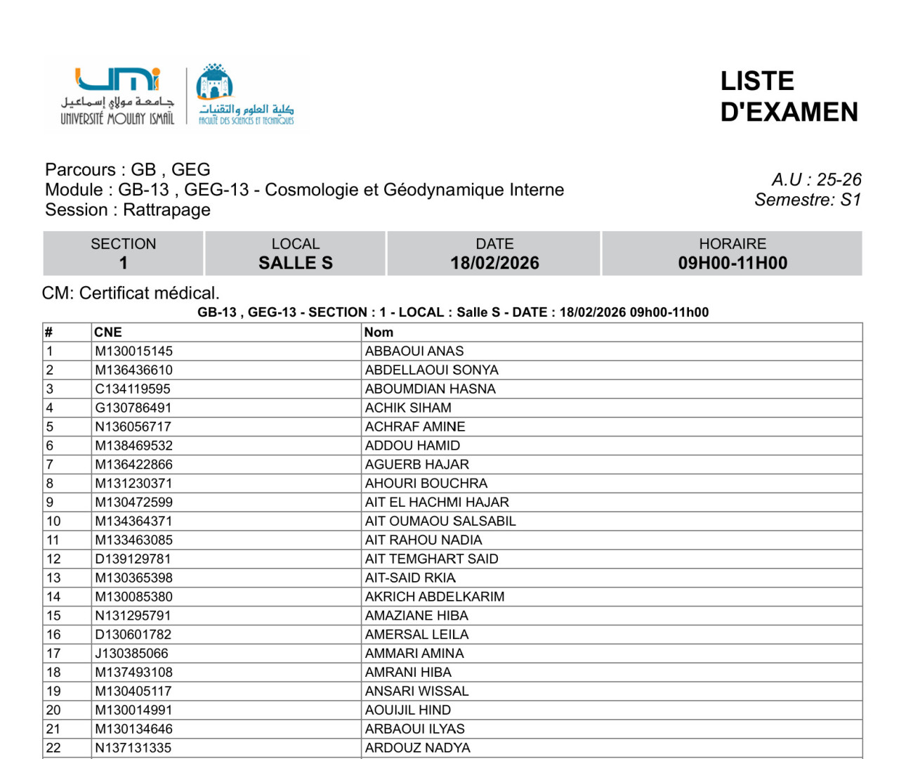 Planning et locaux des examens de rattrapage – 18 février 2026