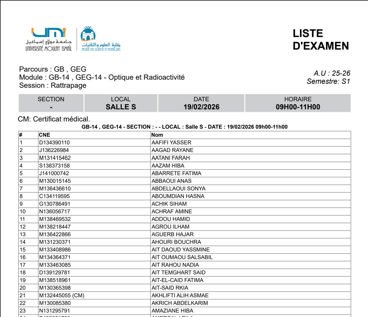 Planning et locaux des examens de rattrapage – 19 février 2026