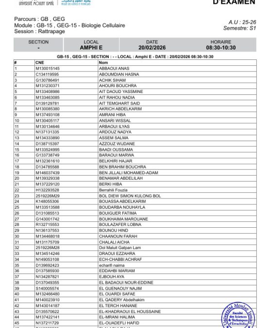 Planning et locaux des examens de rattrapage – 20 février 2026