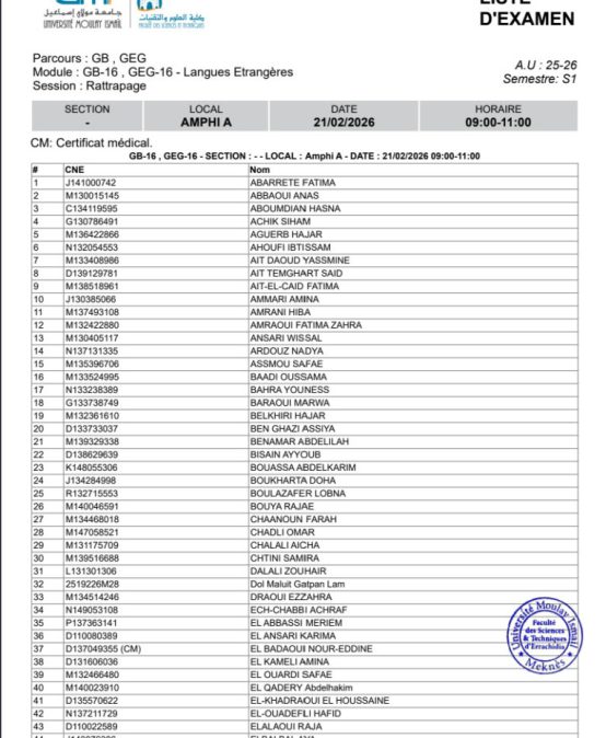Planning et locaux des examens de rattrapage – 21 février 2026