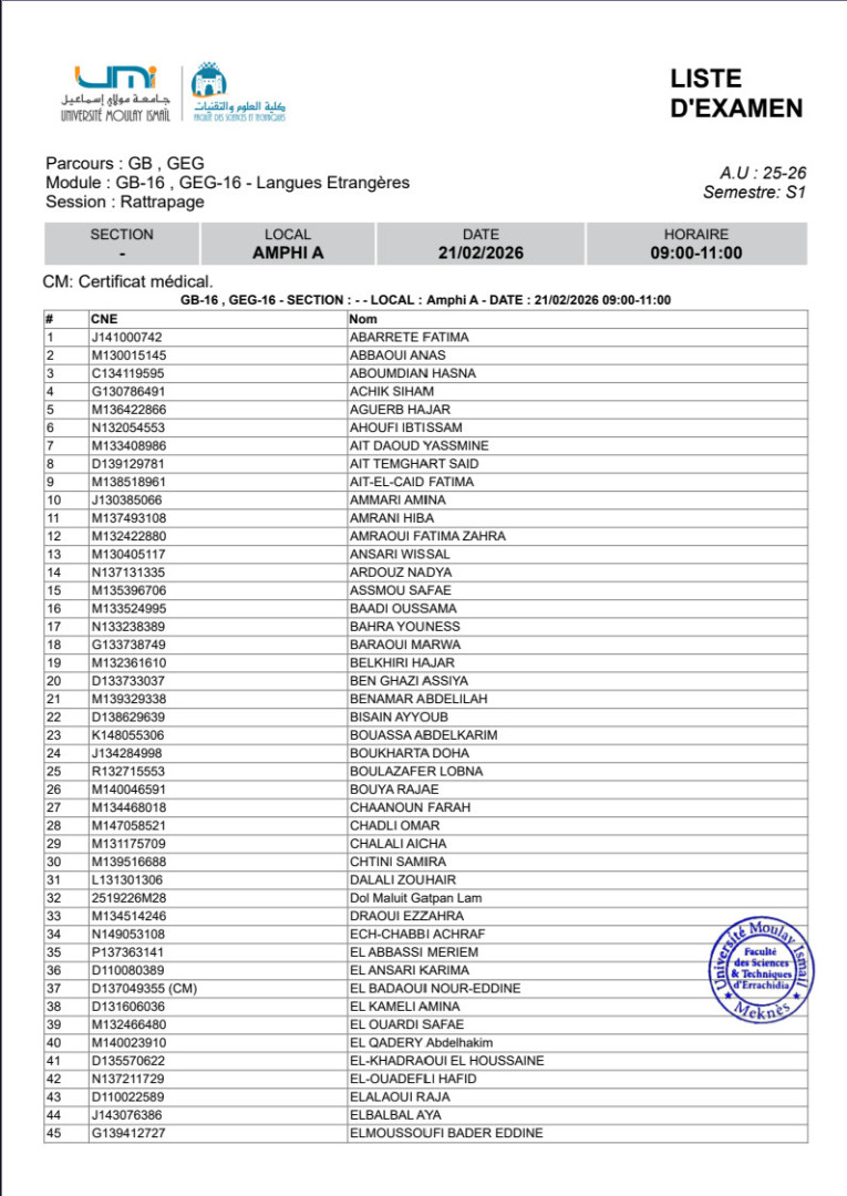 Planning et locaux des examens de rattrapage – 21 février 2026