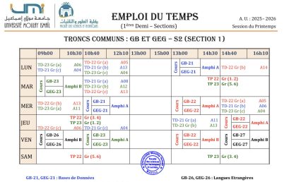 Emplois du Temps – Semestres S2, S4 et S6 (1ère Demi-Section)