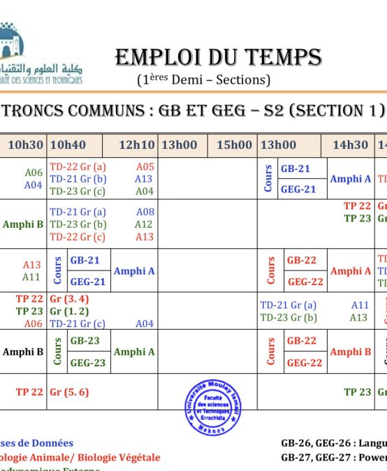 Emplois du Temps – Semestres S2, S4 et S6 (1ère Demi-Section)
