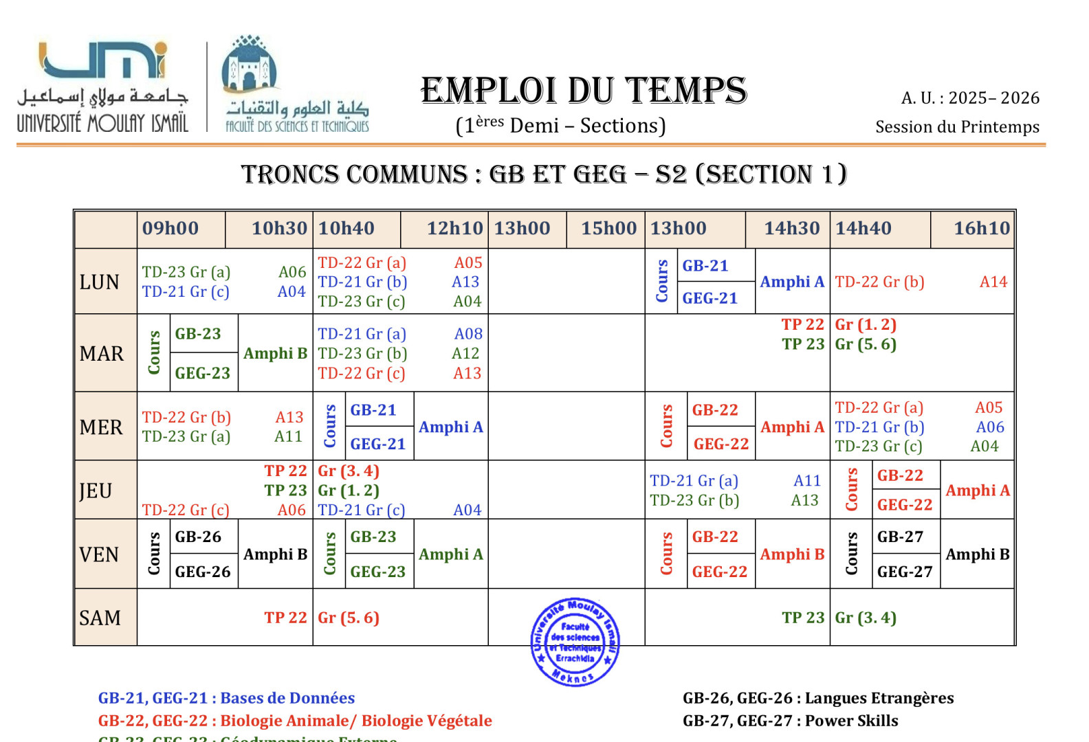 Emplois du Temps – Semestres S2, S4 et S6 (1ère Demi-Section)