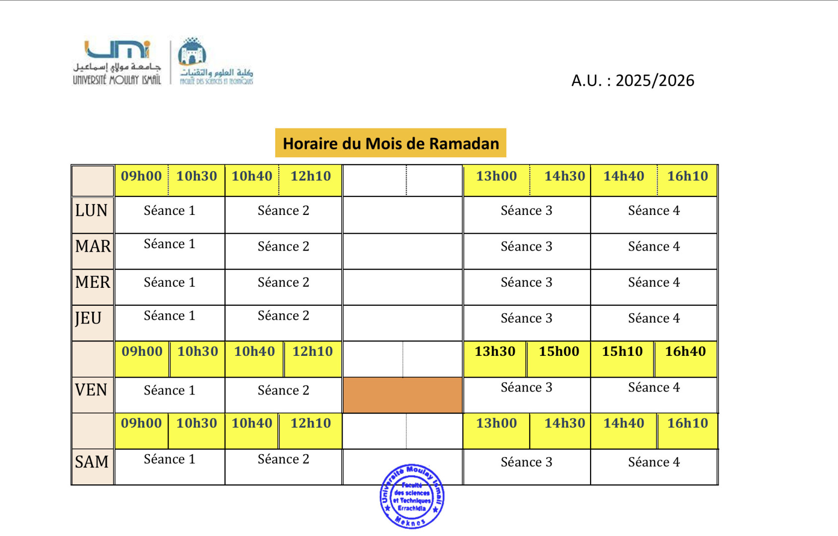 Horaire du Mois de Ramadan