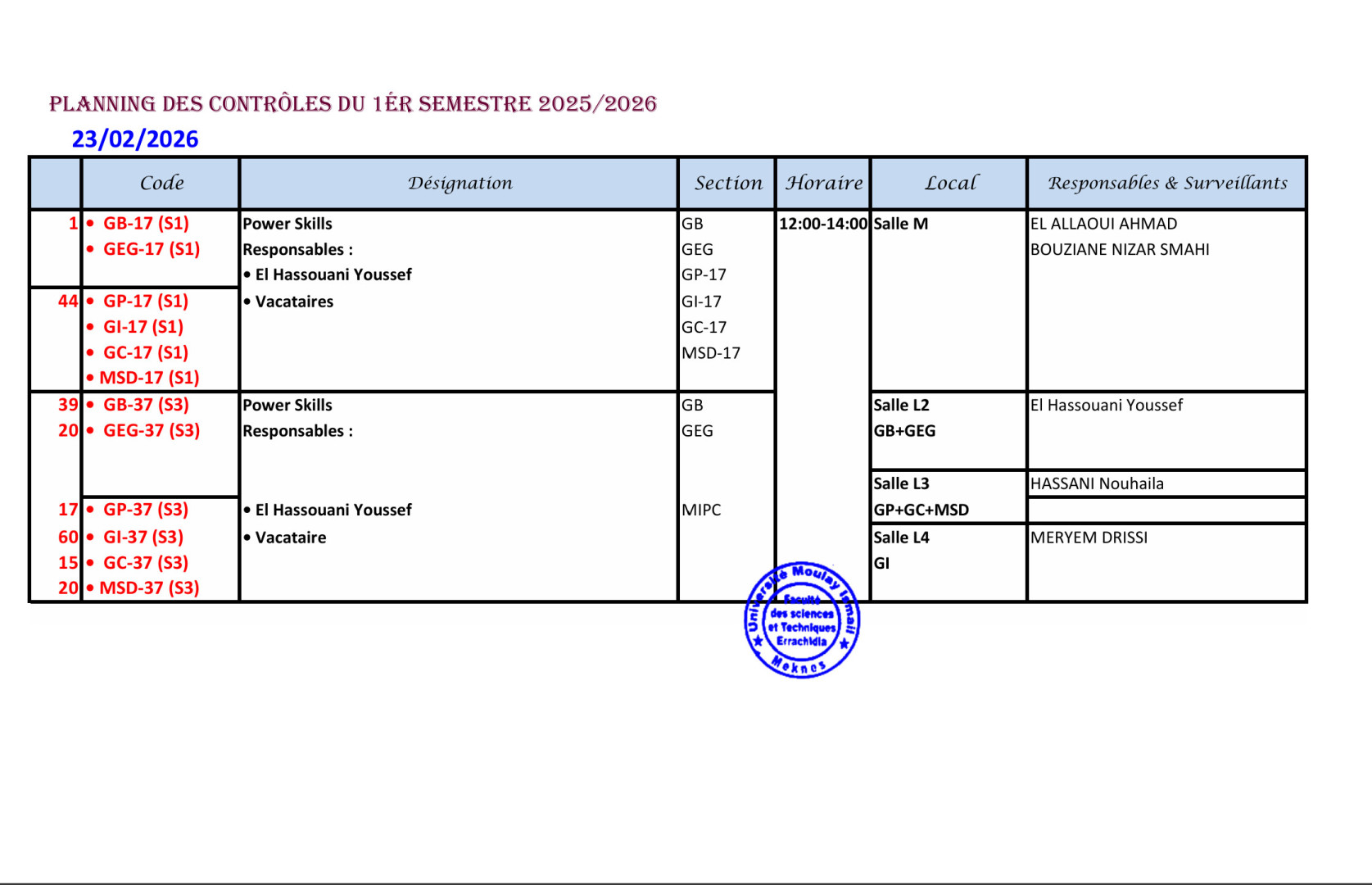 Planning des examens de rattrapage : 23 février 2026