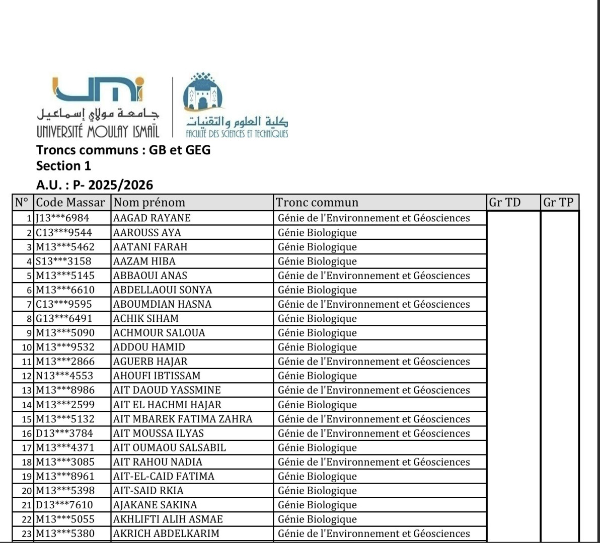 Liste des étudiants MIPC / BG par section
