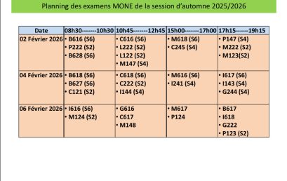 Planning rectifié des examens du MONE – Session d’automne