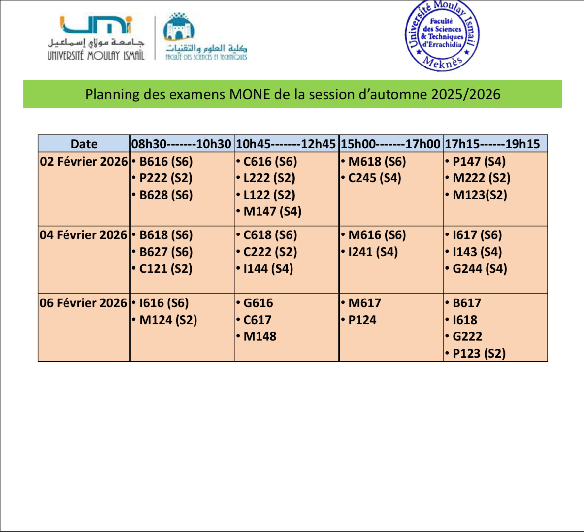 Planning rectifié des examens du MONE – Session d’automne