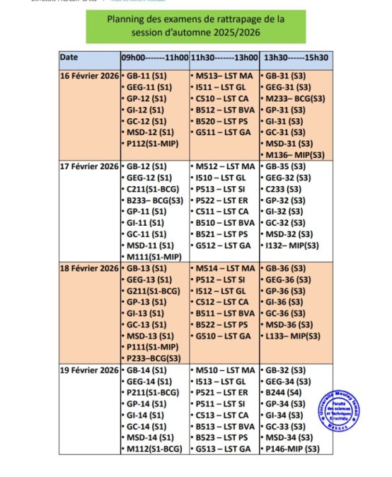 Calendrier des examens de la session de rattrapage 2025-2026