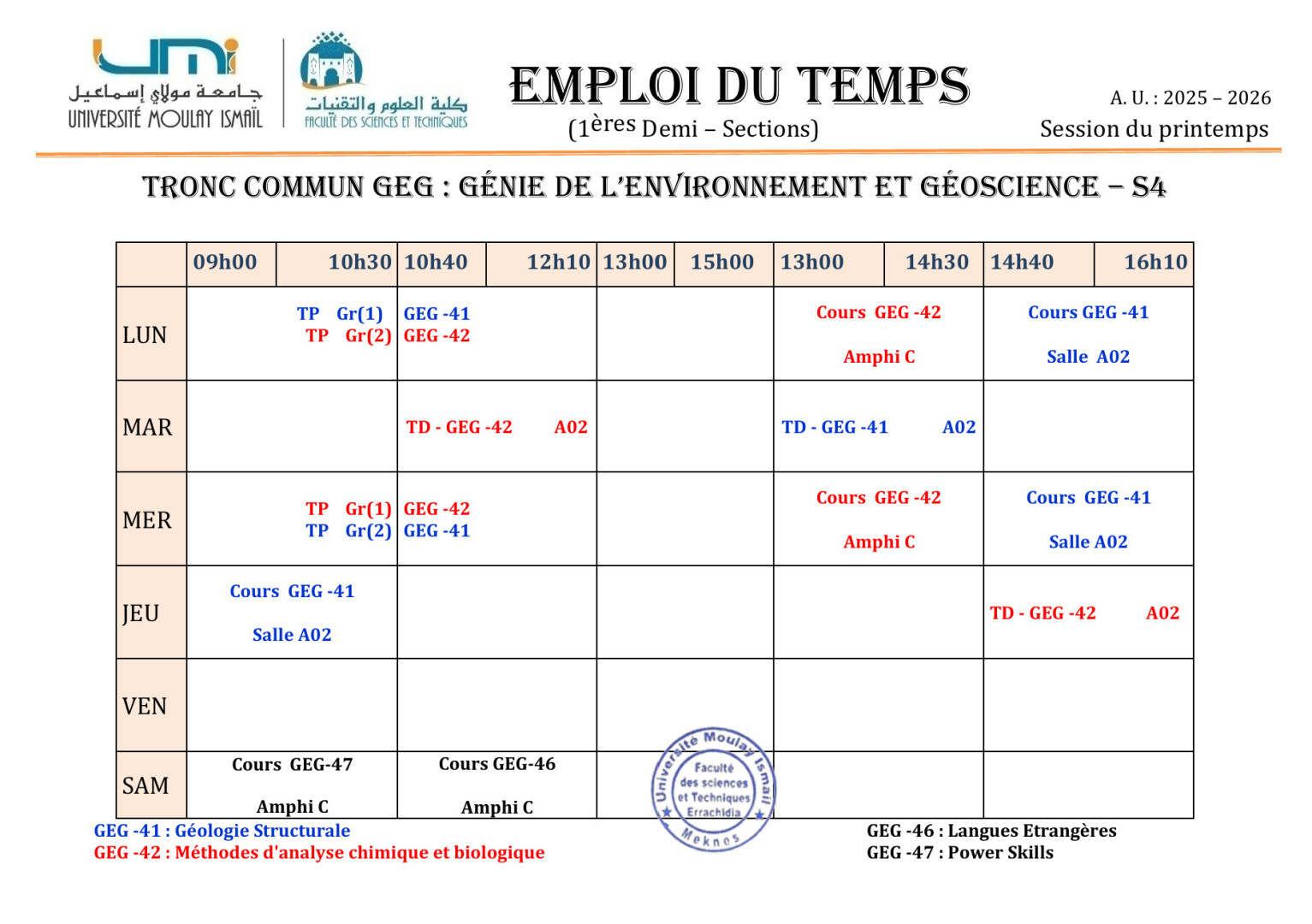 Emploi du Temps Rectifié : TC BG – 1ère Demi-Section (S4)