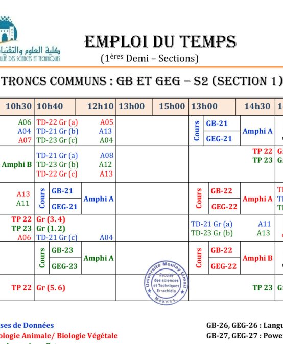 Emploi du Temps Rectifié : TC BG – 1ère Demi-Section (S2)