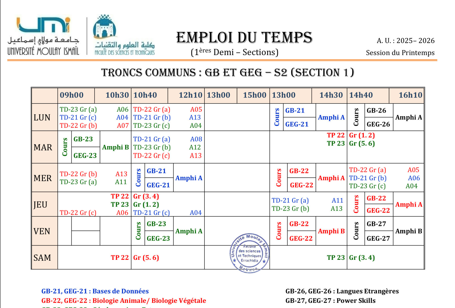 Emploi du Temps Rectifié : TC BG – 1ère Demi-Section (S2)