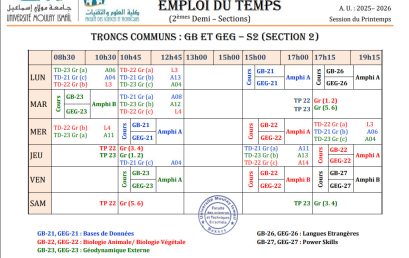 Emplois du temps par parcours (TCs) : 2èmes demi-sections P-2025/2026