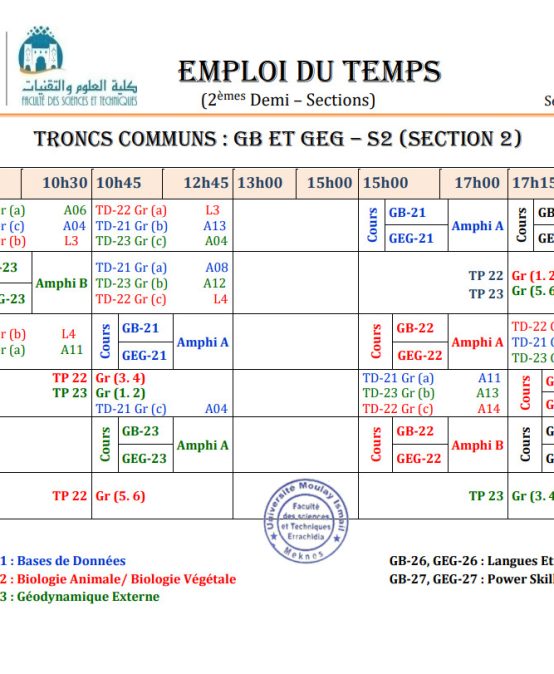 Emplois du temps par parcours (TCs) : 2èmes demi-sections P-2025/2026