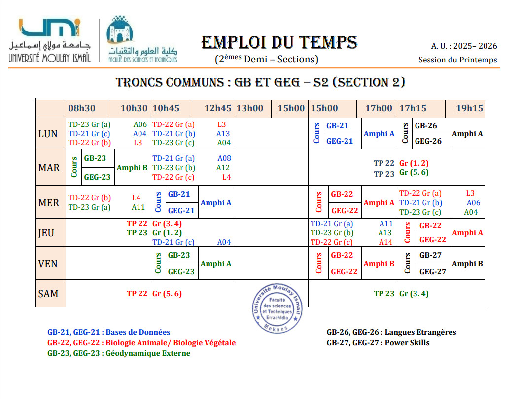 Emplois du temps par parcours (TCs) : 2èmes demi-sections P-2025/2026