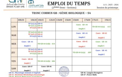 Rectification : Emplois du Temps | 2èmes Demi-Sections GB -S4 (2025/2026)