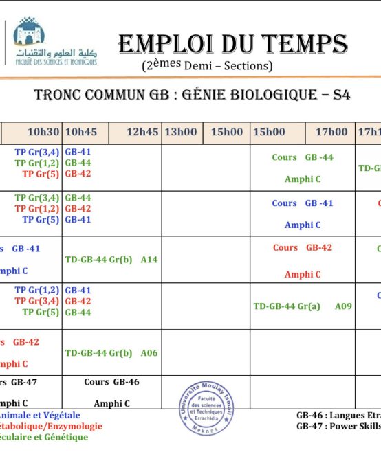 Rectification : Emplois du Temps | 2èmes Demi-Sections GB (2025/2026)
