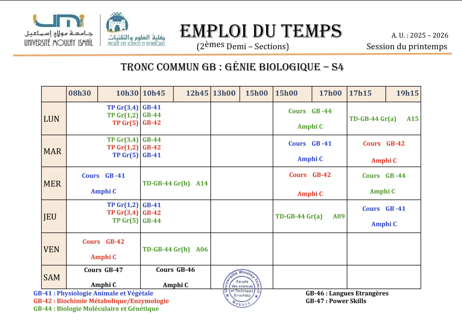 Rectification : Emplois du Temps | 2èmes Demi-Sections GB -S4 (2025/2026)