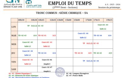 Rectification : Emplois du Temps | 2èmes Demi-Sections MIPC -S4 (2025/2026)