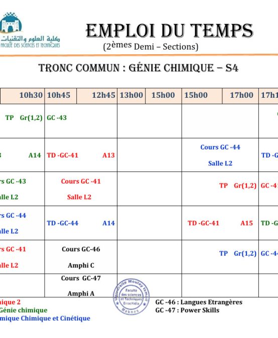 Rectification : Emplois du Temps | 2èmes Demi-Sections MIPC -S4 (2025/2026)