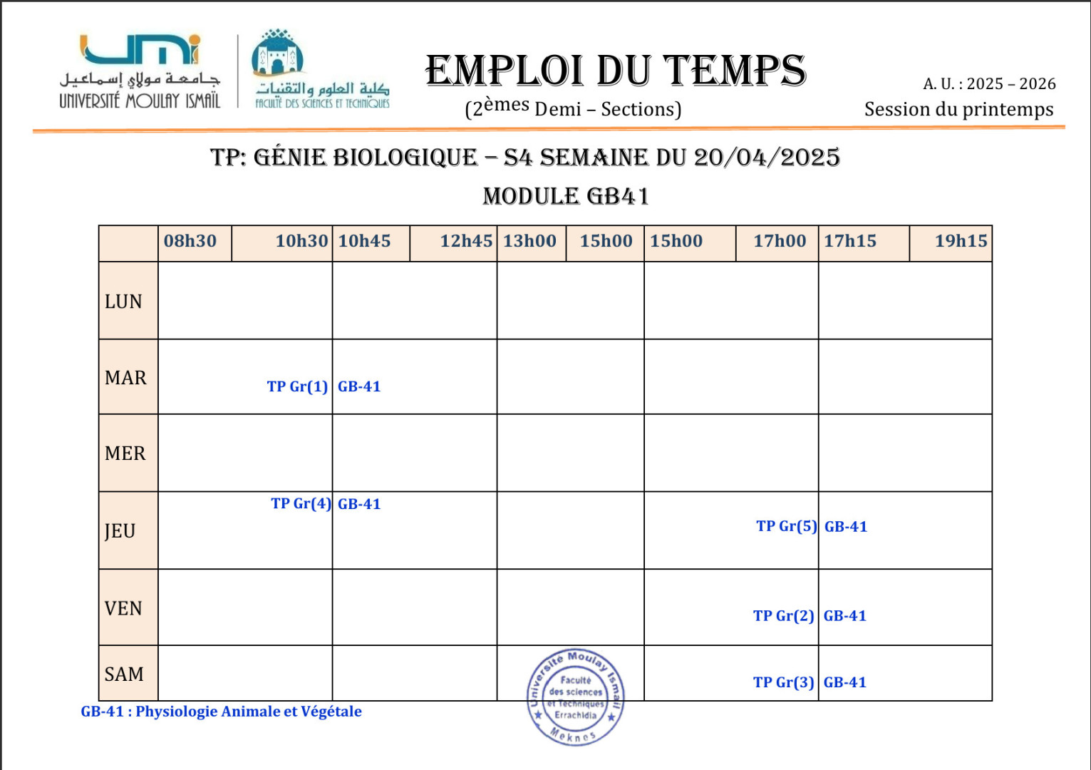 Emplois des TP du module GB-41