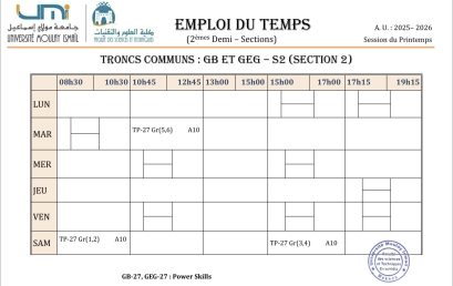 Emplois du temps TP : power skills -S2 (MIPC-27&BG-27)