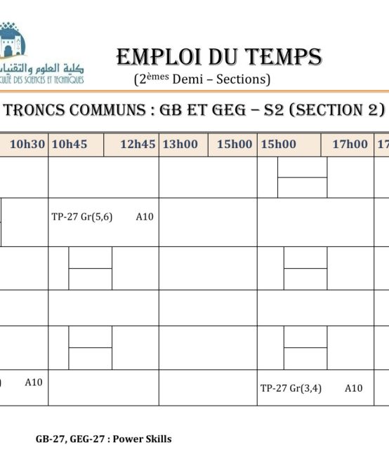 Emplois du temps TP : power skills -S2 (MIPC-27&BG-27)