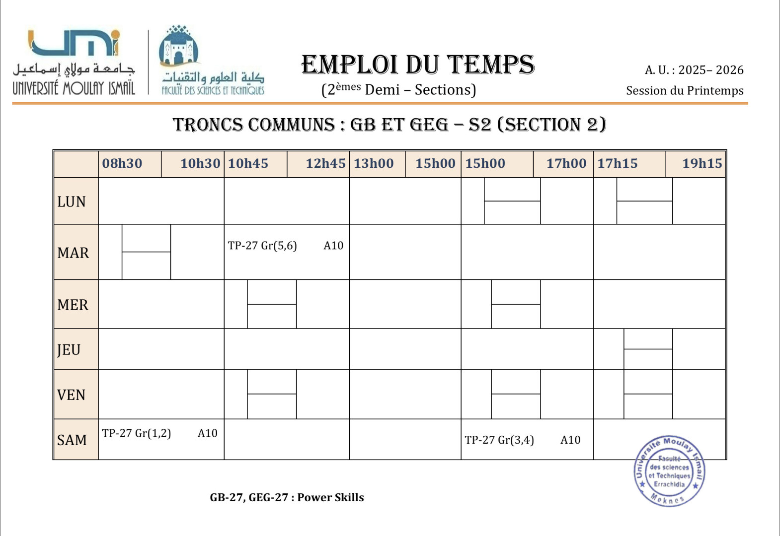 Emplois du temps TP : power skills -S2 (MIPC-27&BG-27)