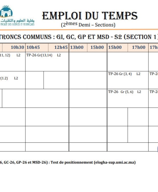 EMPLOIS DU TEMPS : Test de positionnement Elogha