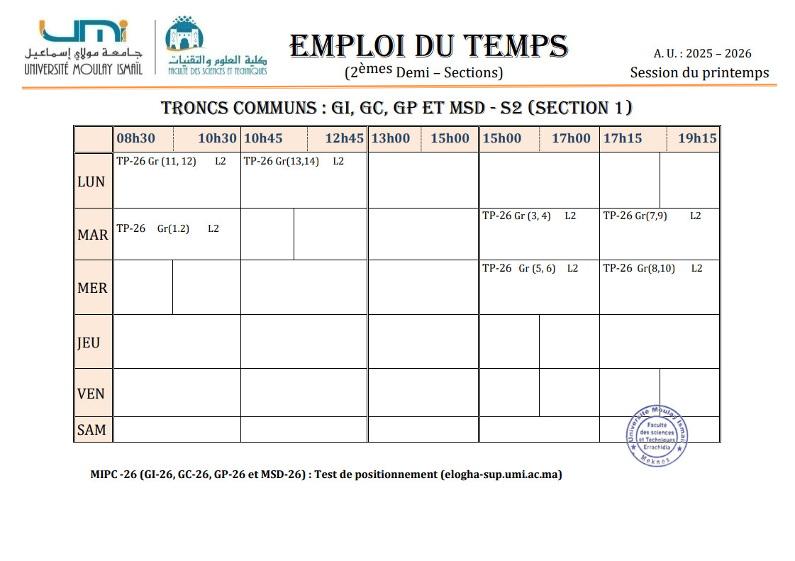 EMPLOIS DU TEMPS : Test de positionnement Elogha