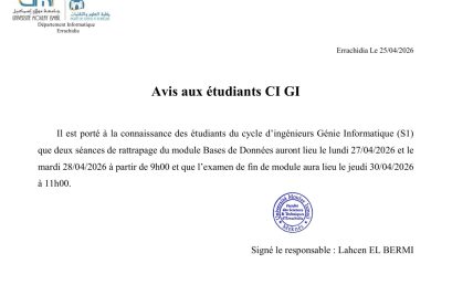Avis aux Étudiants : Cycle d’Ingénieur GI (S1) – Module Bases de Données