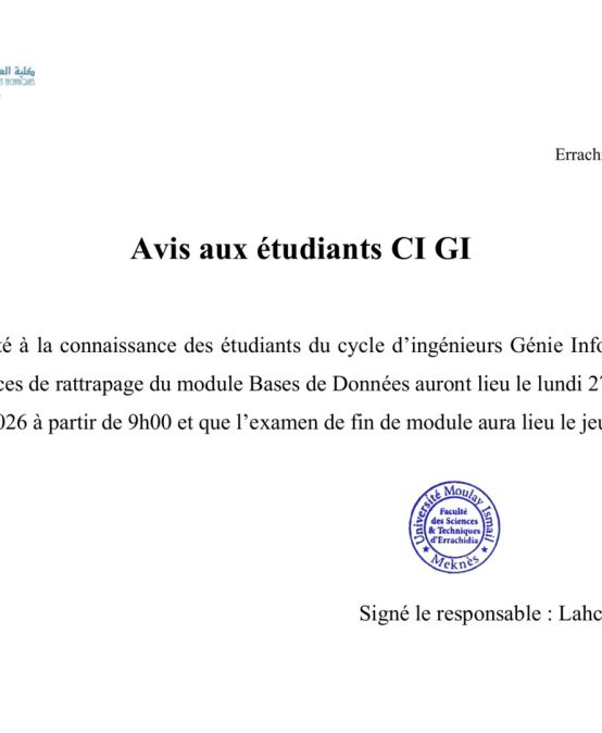 Avis aux Étudiants : Cycle d’Ingénieur GI (S1) – Module Bases de Données