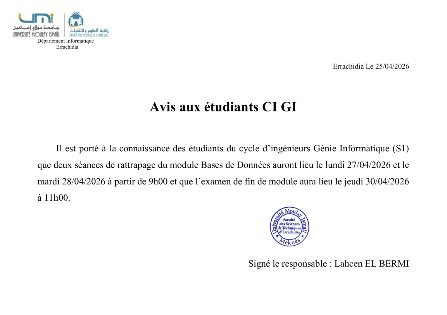 Avis aux Étudiants : Cycle d’Ingénieur GI (S1) – Module Bases de Données