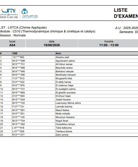 Liste des Étudiants – Examen Libre (MONE) du 18 Juin 2026