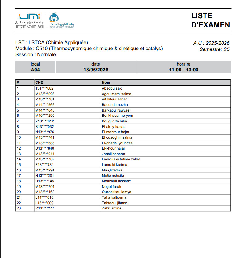 Liste des Étudiants – Examen Libre (MONE) du 18 Juin 2026