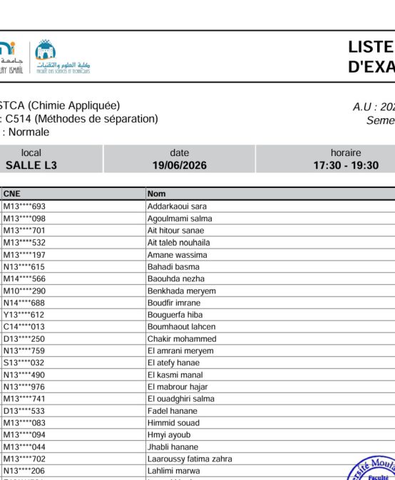 Liste des Étudiants – Examen Libre (MONE) du 19 Juin 2026