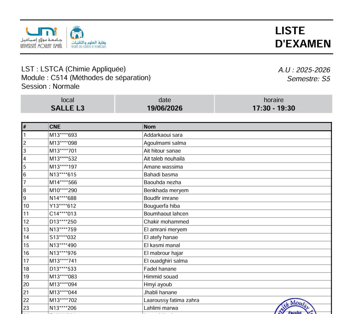Liste des Étudiants – Examen Libre (MONE) du 19 Juin 2026