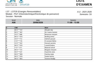 Liste des Étudiants – Examen Libre (MONE) du 20 Juin 2026