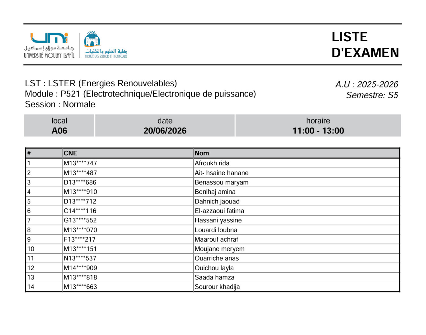 Liste des Étudiants – Examen Libre (MONE) du 20 Juin 2026