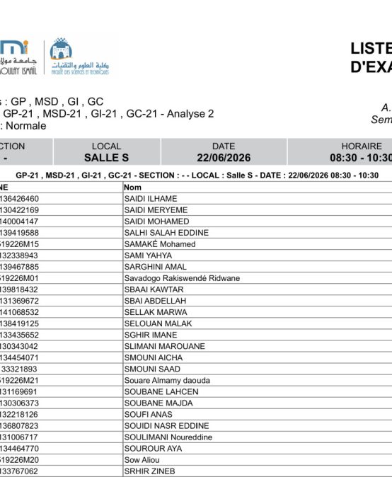 Liste des Étudiants – Examen Normale du 22 Juin 2026
