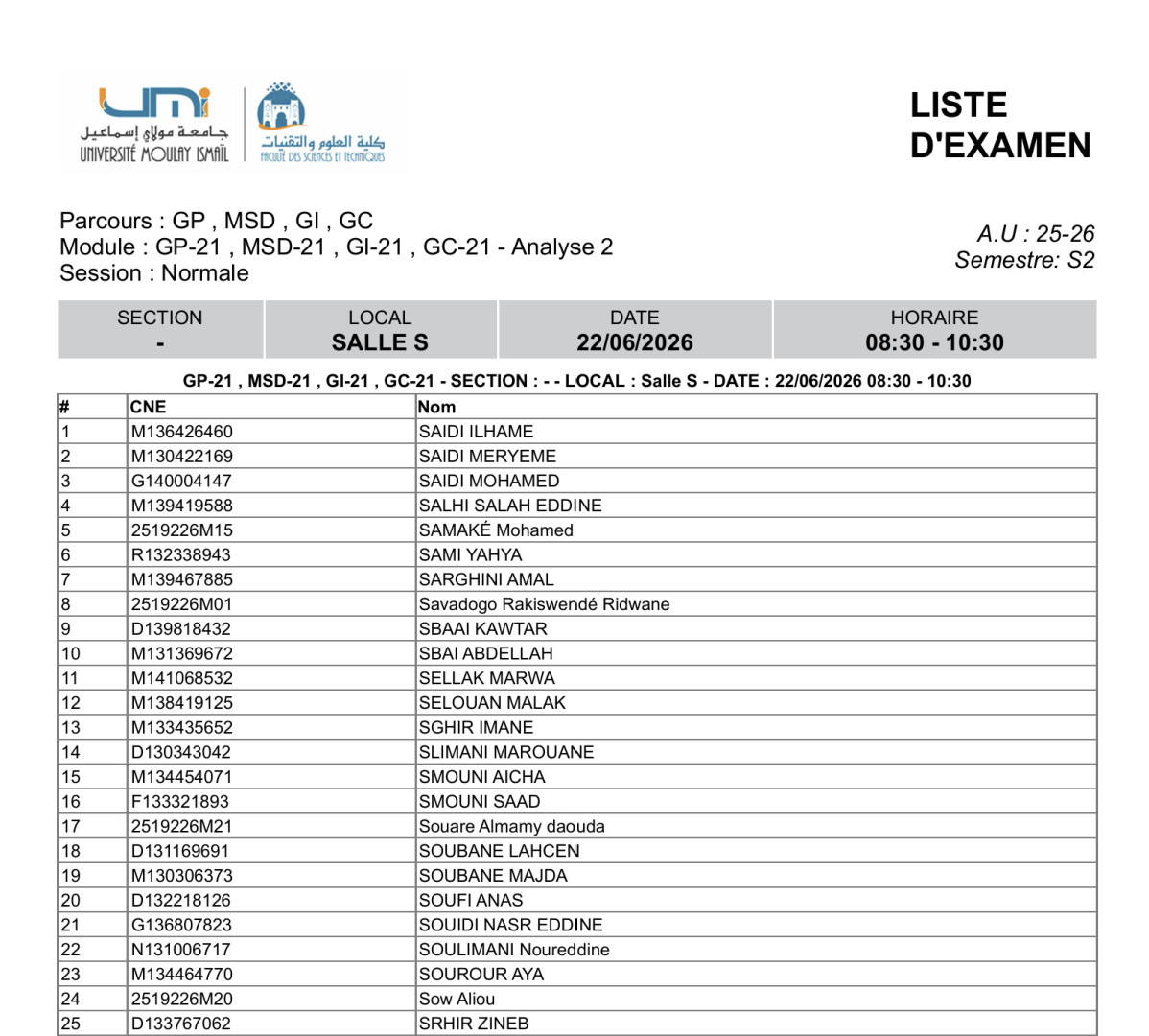 Liste des Étudiants – Examen Normale du 22 Juin 2026