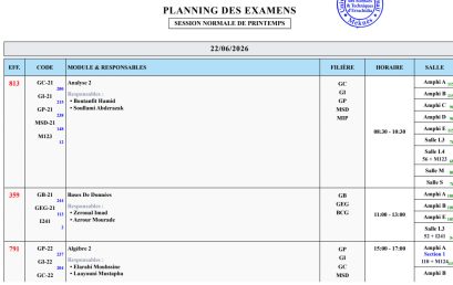 Planning des Examens – Session Normale de Printemps (Année Universitaire 2025-2026)