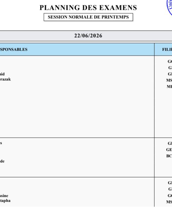 Planning des Examens – Session Normale de Printemps (Année Universitaire 2025-2026)