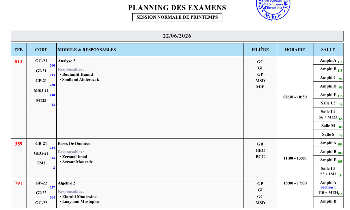Planning des Examens – Session Normale de Printemps (Année Universitaire 2025-2026)