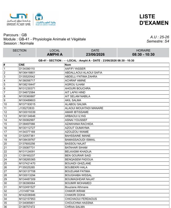 Liste des Étudiants – Examen Normale du 23 Juin 2026