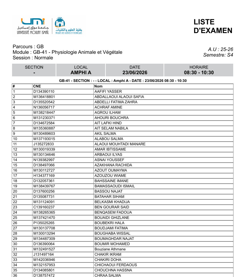 Liste des Étudiants – Examen Normale du 23 Juin 2026