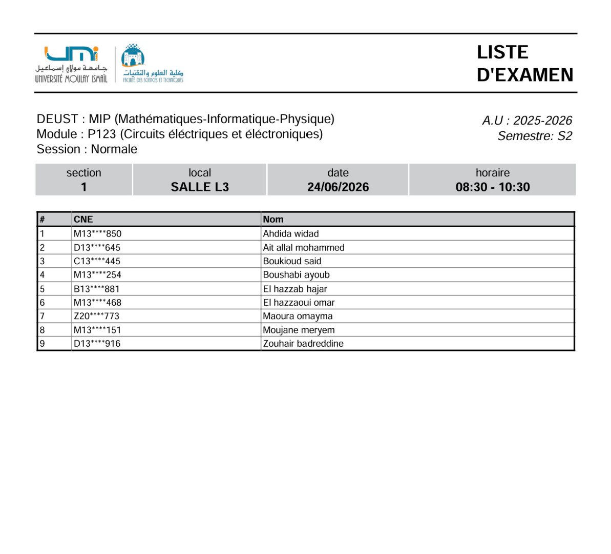 Liste des Étudiants – Examen Normale du 24 Juin 2026